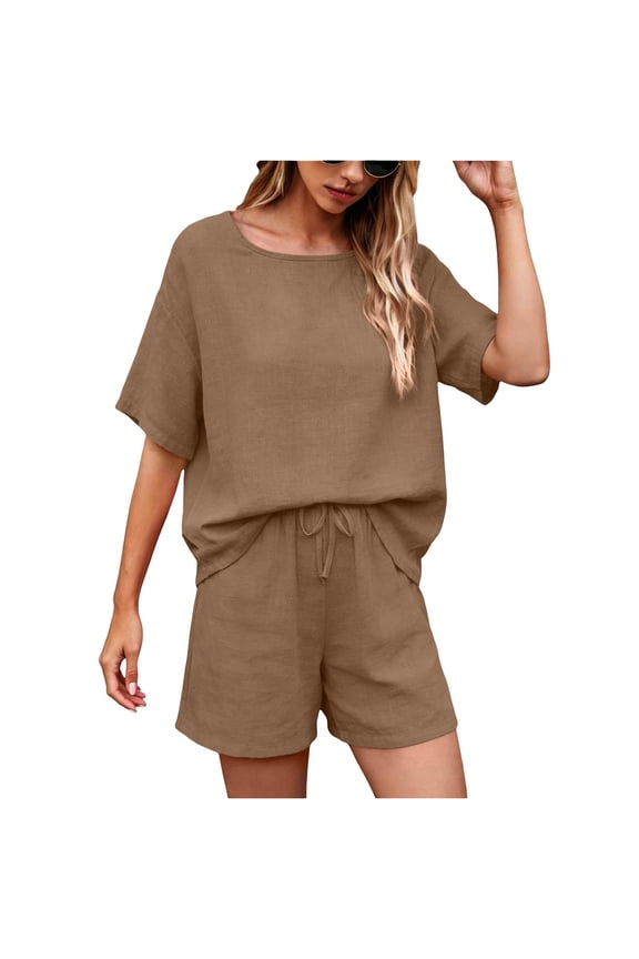 Women's 2 Piece Outfits Crew Neck Short Sleeve Top Drawstring Waist Shorts Relaxed Loose Fit Summer Casual Matching Set