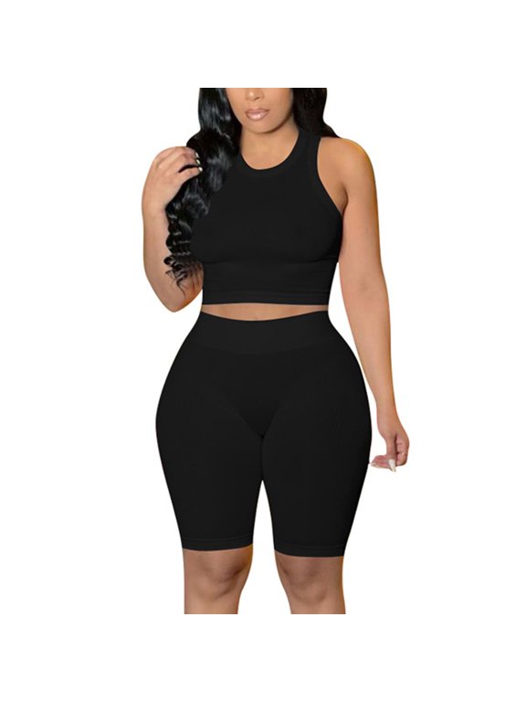 Women's 2 Piece Outfits Crew Neck Sleeveless Crop Top High Waist Biker Shorts Sporty Workout Activewear Set