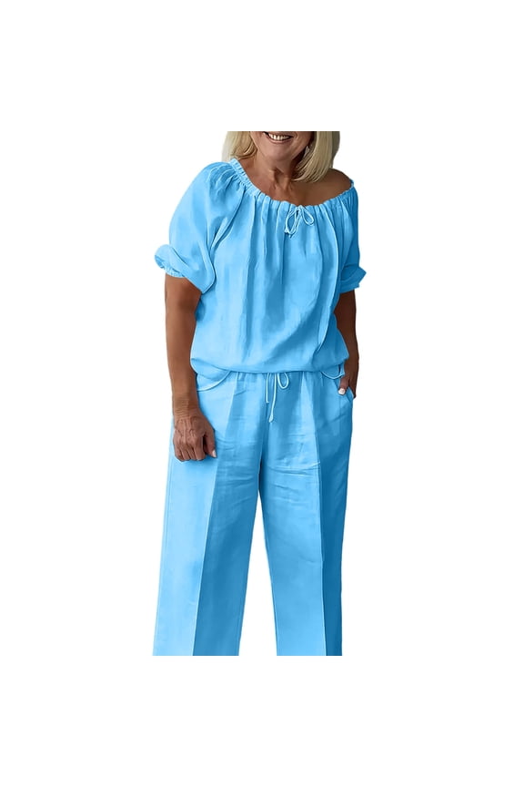 Women's 2 Piece Outfits Off Shoulder Drawstring Top Wide Leg Pants Loose Fit Casual Vacation Loungewear Set with Pockets