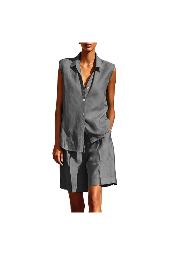 Women's 2 Piece Outfits Sleeveless Collared Button Down Shirt Wide Leg Shorts Relaxed Casual Summer Vacation Set with Pockets