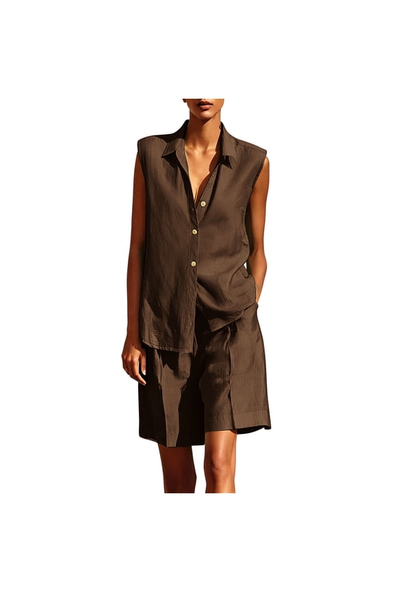 Women's 2 Piece Outfits Sleeveless Collared Button Down Shirt Wide Leg Shorts Relaxed Casual Summer Vacation Set with Pockets