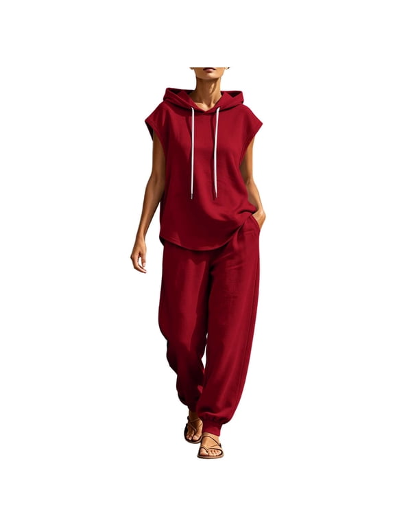 Women's 2 Piece Outfits Sleeveless Hoodie Drawstring Top Jogger Pants Casual Relaxed Loose Fit Summer Loungewear Vacation Workout Set with Pockets