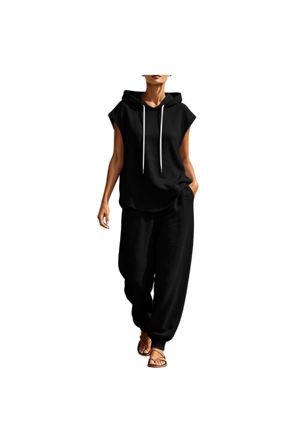 Women's 2 Piece Outfits Sleeveless Hoodie Drawstring Top Jogger Pants Casual Relaxed Loose Fit Summer Loungewear Vacation Workout Set with Pockets
