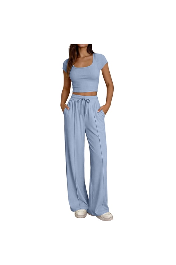 Women's 2 Piece Outfits Square Neck Crop Top Short Sleeve Ribbed Knit Drawstring Waist Wide Leg Pants Relaxed Casual Vacation Set with Pockets