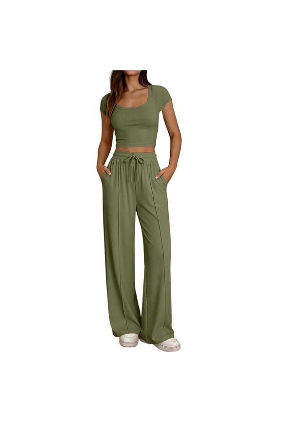 Women's 2 Piece Outfits Square Neck Crop Top Short Sleeve Ribbed Knit Drawstring Waist Wide Leg Pants Relaxed Casual Vacation Set with Pockets