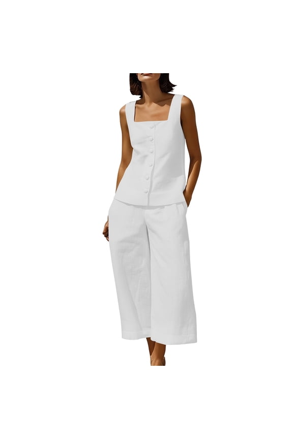 Women's 2 Piece Outfits Square Neck Sleeveless Button Front Top Wide Leg Cropped Pants Relaxed Casual Summer Vacation Set with Pockets