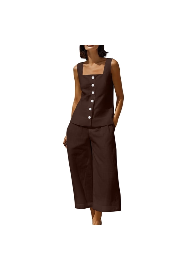 Women's 2 Piece Outfits Square Neck Sleeveless Button Front Top Wide Leg Cropped Pants Relaxed Casual Summer Vacation Set with Pockets