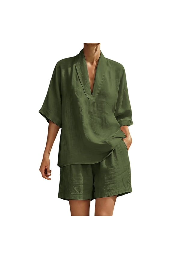 Women's 2 Piece Outfits V Neck Shawl Collar Short Sleeve Top Wide Leg Shorts Relaxed Loose Fit Casual Summer Vacation Set with Pockets