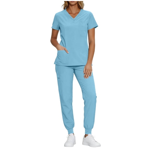 SuTry Women's 2 Piece Scrubs Set V Neck Short Sleeve Top Jogger Pants Drawstring Waist Medical Workwear Uniform with Pockets