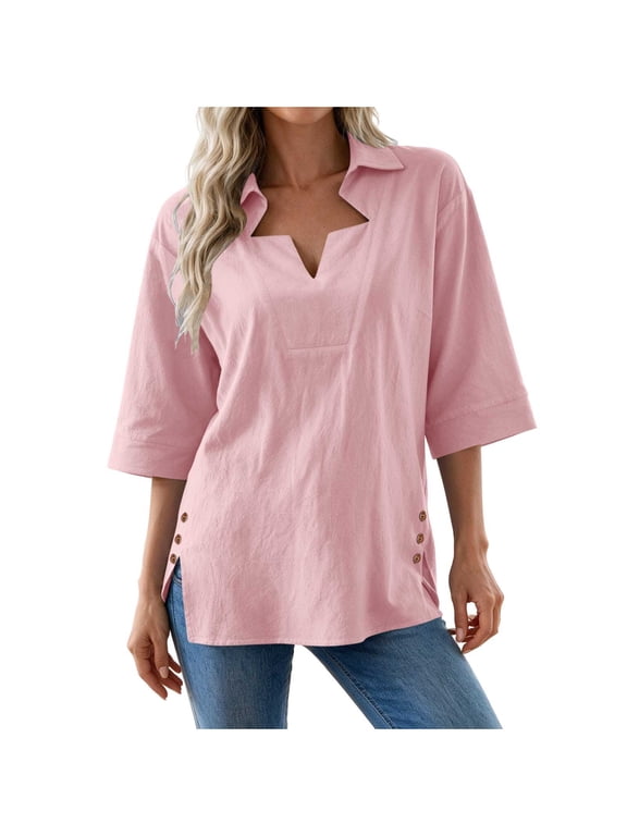 Women's 3/4 Sleeve Tunic Top Split Neck Loose Fit Side Button Detail Curved Hem Casual Everyday Wear