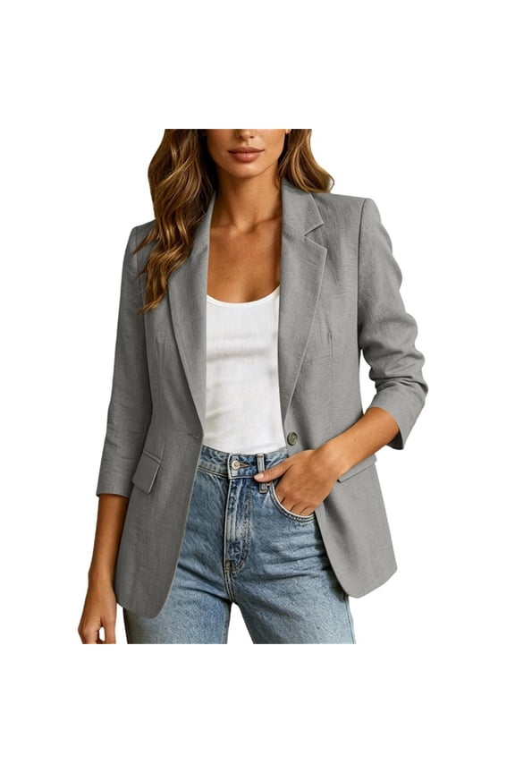 Women's Blazer Jacket Lapel Collar 3/4 Sleeve Single Button Side Flap Pockets Relaxed Fit Cotton Linen Business Casual Daily Wear Outerwear