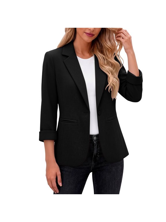Women's Blazer Jacket Notched Lapel 3/4 Sleeve Single Button Rolled Cuff Side Pockets Relaxed Fit Office Workwear Daily Outerwear