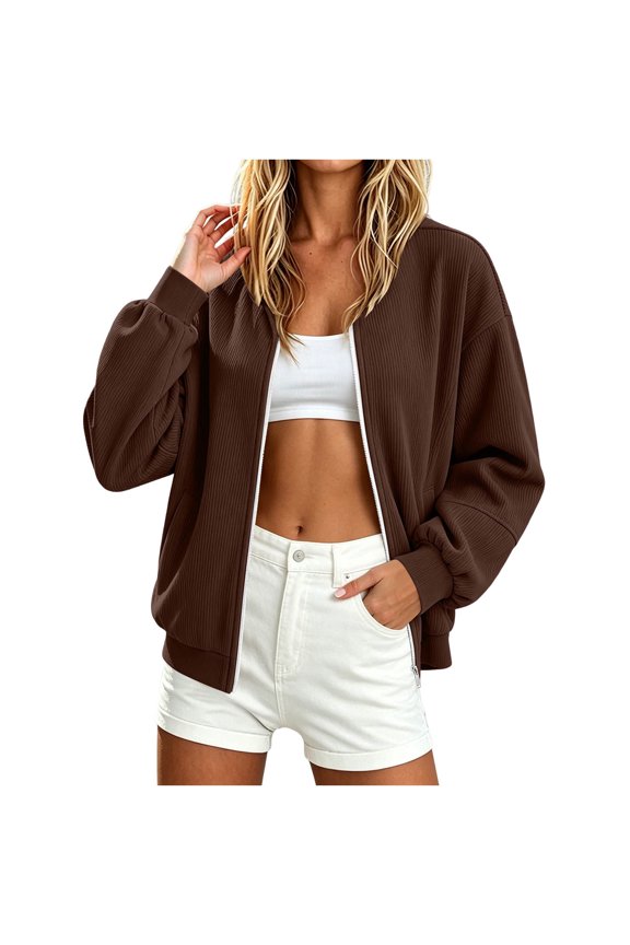 Women's Bomber Jacket Relaxed Fit Drop Shoulder Corduroy Texture Full Zip Ribbed Cuffs Side Pockets Versatile Casual Daily Wear Spring Outings Outerwear