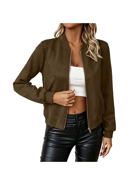 Women's Bomber Jacket, Zip Up Front Short Crop Coat, Solid Color Ribbed Cuffs Side Pockets, Everyday Vintage Casual Outerwear Layer