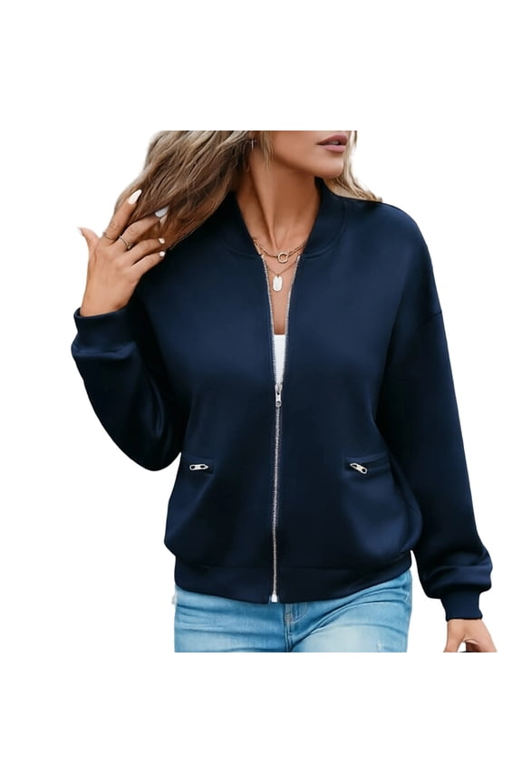 Women's Bomber Jacket Zip Up Ribbed Collar Long Sleeve Drop Shoulder Casual Jacket with Pockets for Spring Fall Outings Versatile Coat