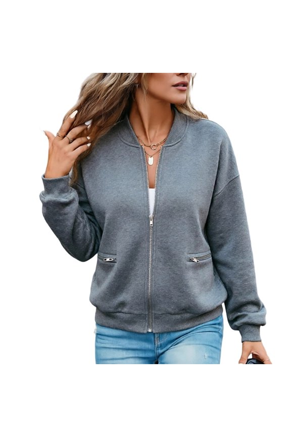 Women's Bomber Jacket Zip Up Ribbed Collar Long Sleeve Drop Shoulder Casual Jacket with Pockets for Spring Fall Outings Versatile Coat