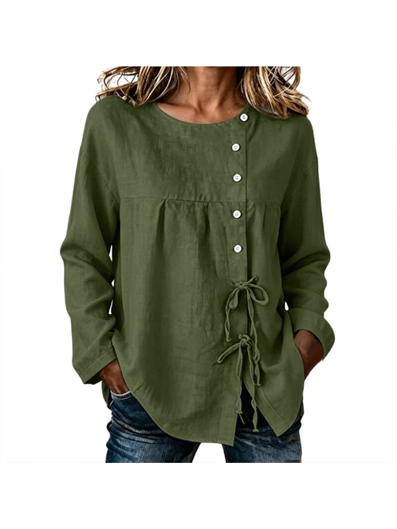 Women's Button Down Blouse Crew Neck Long Sleeve Asymmetric Button Placket Tie Front Pleated Yoke Relaxed Loose Fit Casual Summer Vacation Everyday Wear