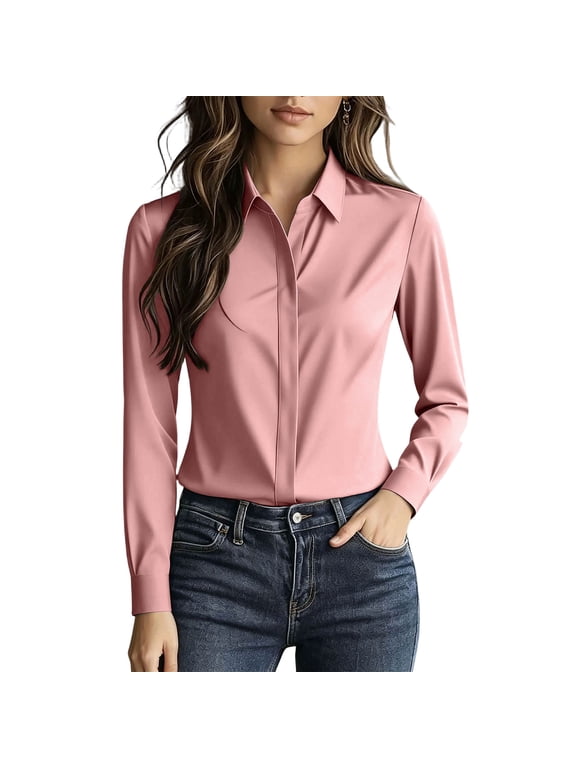 Women's Button Down Shirt Classic Collar Long Sleeve Hidden Placket Blouse for Professional Work and Casual Weekend Outings Versatile Top