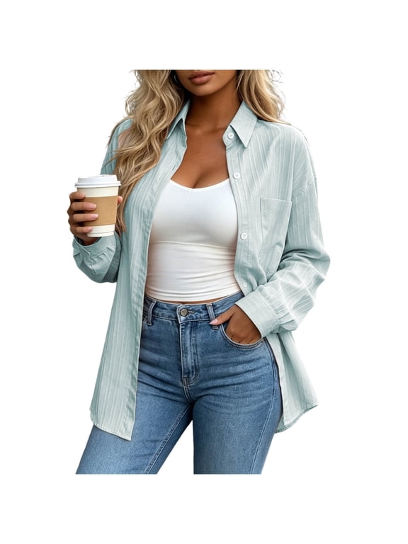 Women's Button Down Shirt Collared Pocket Oversized Relaxed Fit Long Sleeve Casual Cardigan Top Versatile Daily Wear Spring Outings Outerwear