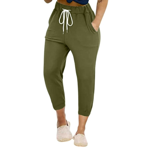 SuTry Women's Capri Pants Summer Casual Leg High Waisted Elastic Drawstring Cropped Pants with Side Pockets Solid Color for Indoor Outdoor(Army Green#1,5XL)