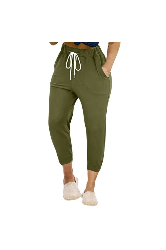 Women's Capri Pants Summer Casual Leg High Waisted Elastic Drawstring Cropped Pants with Side Pockets Solid Color for Indoor Outdoor(Army Green#1,M)