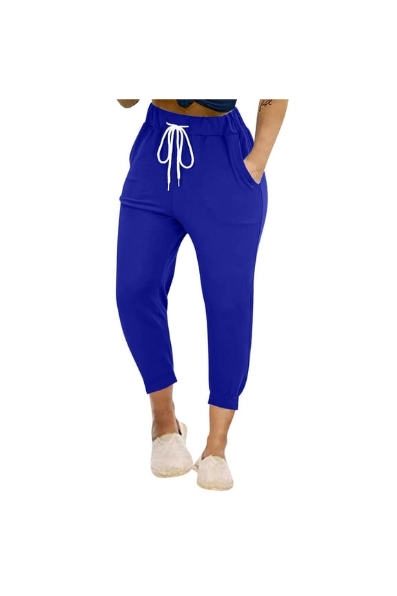 Women's Capri Pants Summer Casual Leg High Waisted Elastic Drawstring Cropped Pants with Side Pockets Solid Color for Indoor Outdoor(Blue#1,XL)