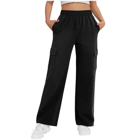 SuTry Women's Cargo Pants Comfy Solid Color High-Waisted Straight-Leg Multiple Pockets Trousers Breathable Fabric for Daily Casual Wearing(Black#1,L)