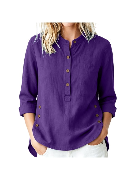Women's Casual Blouse, Button Front 3/4 Sleeve Top, Mandarin Collar Side Slit Shirt, Everyday Versatile Summer Layer