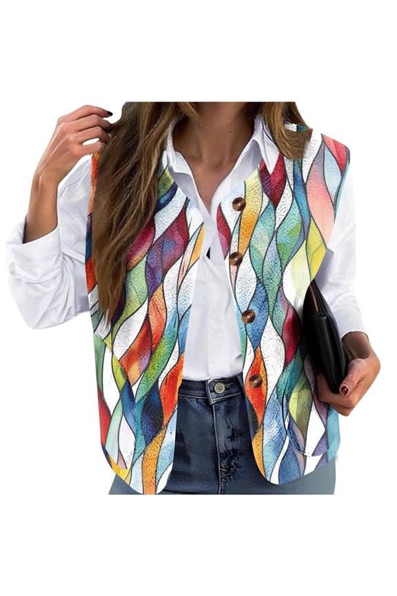 Women's Casual Plush Vest Fall Winter Lightweight Daily Print Loose Fit Collarless Button Front Fashion Outerwear for Ladies(Multicolor,2XL)