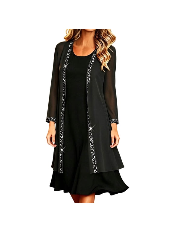 Women's Chiffon Cardigan, Sequined Trim Open Front Long Sleeve, Elegant Flowy Party Duster Coat, Solid Color Sheer Evening Wear, Versatile Cocktail Layering
