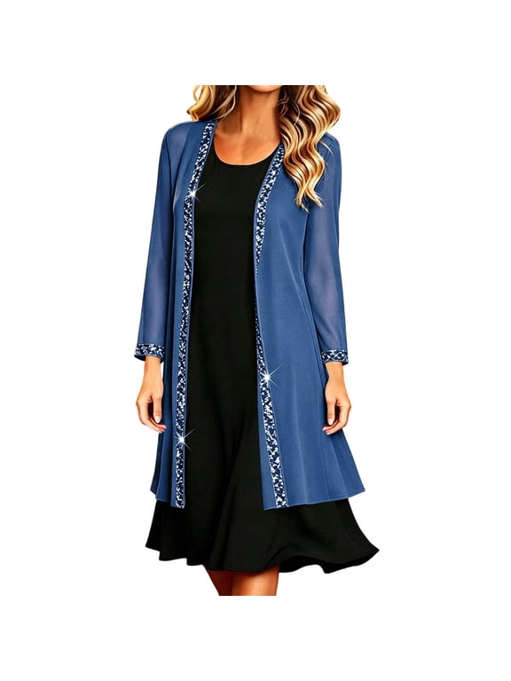 Women's Chiffon Cardigan, Sequined Trim Open Front Long Sleeve, Elegant Flowy Party Duster Coat, Solid Color Sheer Evening Wear, Versatile Cocktail Layering