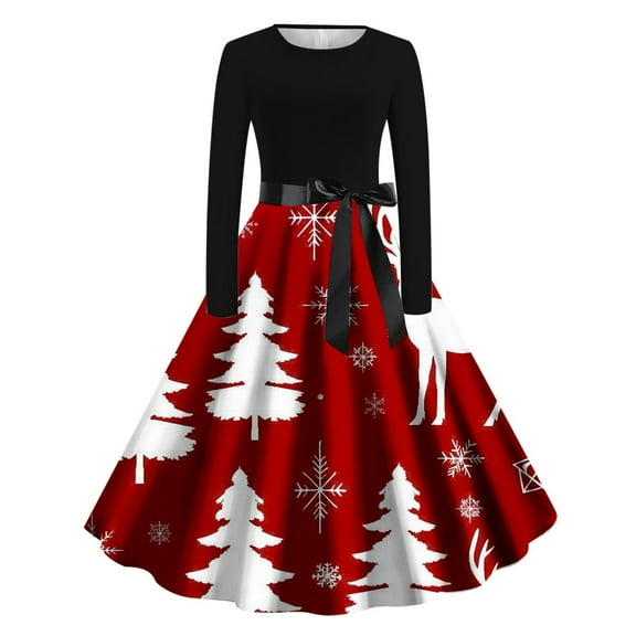 SuTry Women's Christmas Dress Festival Print Long Dress Round Neck Long Sleeve Casual Party Holiday Dress for Women(Red#2,L)