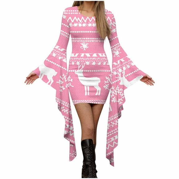 SuTry Women's Christmas Dress Festive Party Print Dress Long Sleeves Round Neck Flared Hem Butterfly Sleeves Womens Christmas Gifts(Pink#1,L)