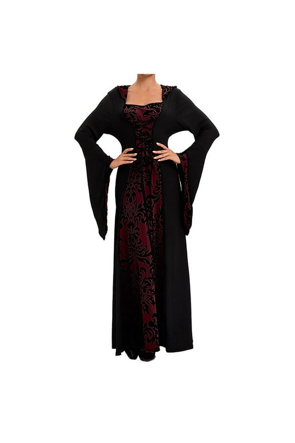 Women's Color Block Printing Long Sleeve Round Neck Long Medieval Skirt with Rules Hemline for Formal Events and Themed Gatherings(Red,M)