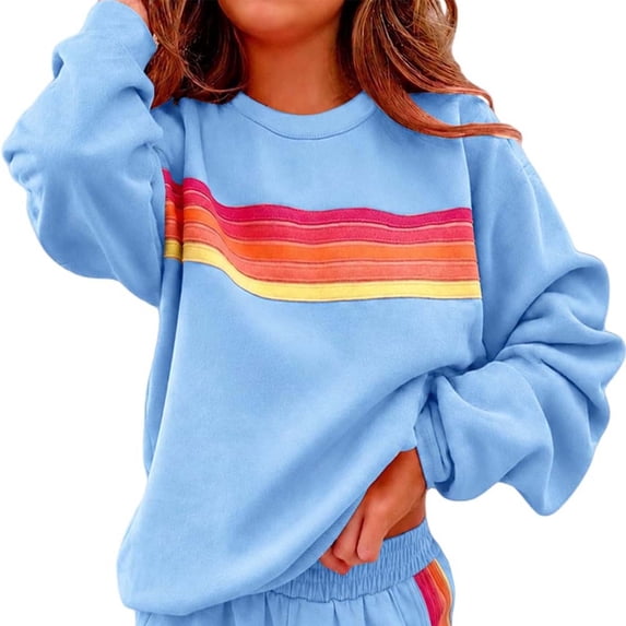 SuTry Women's Crew Neck Sweatshirt Rainbow Striped Print Long Sleeve Relaxed Fit Pullover for Casual Fall and Spring Days Versatile Top