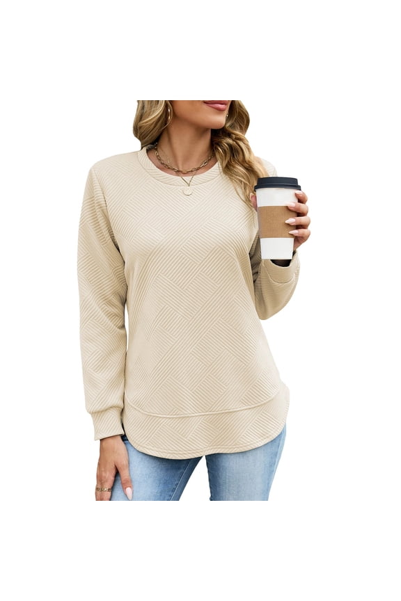 Women's Crew Neck Top Long Sleeve Relaxed Fit Quilted Texture Pullover with Curved Hem for Casual Work and Weekend Outings Versatile Blouse