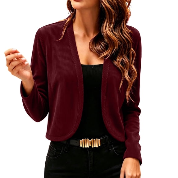 SuTry Women's Cropped Cardigan Jacket Open Front Long Sleeve Corduroy Texture Relaxed Fit Casual Layering Outerwear