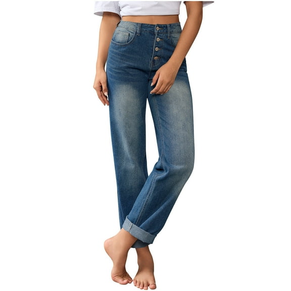 SuTry Women's Cropped Jeans High-Waisted Straight-Leg with Rolled Cuff Multiple Buttons Five-Pocket Classic Styling Pants Daily Office Wearing(Blue,L)