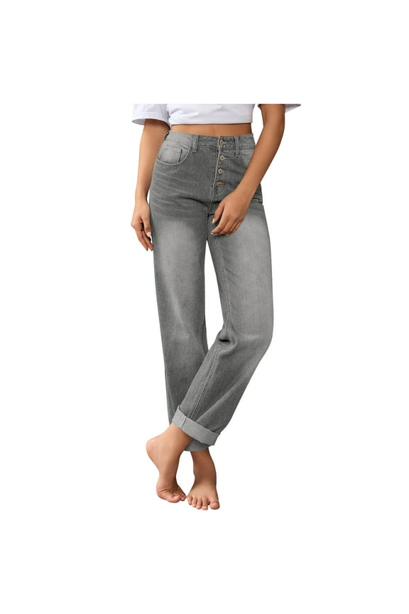 Women's Cropped Jeans High-Waisted Straight-Leg with Rolled Cuff Multiple Buttons Five-Pocket Classic Styling Pants Daily Office Wearing(Gray,M)