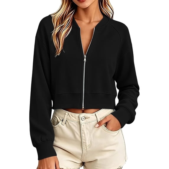 SuTry Women's Cropped Zip Up Jacket Bomber Collar Long Sleeve Raglan Sleeve Ribbed Cuffs Hem Relaxed Loose Fit Casual Everyday Wear