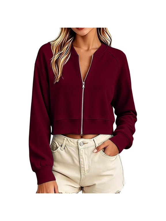 Women's Cropped Zip Up Jacket Bomber Collar Long Sleeve Raglan Sleeve Ribbed Cuffs Hem Relaxed Loose Fit Casual Everyday Wear