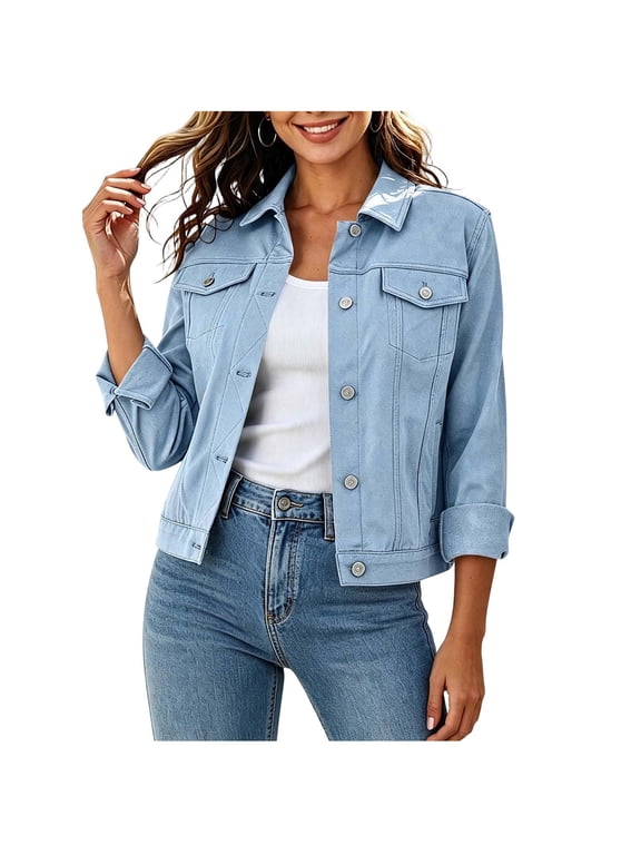 Women's Denim Jacket, Button Front Classic Collar Long Sleeve Coat, Solid Color Relaxed Fit Trucker Outerwear with Pockets, Everyday Versatile Fall Winter Layer