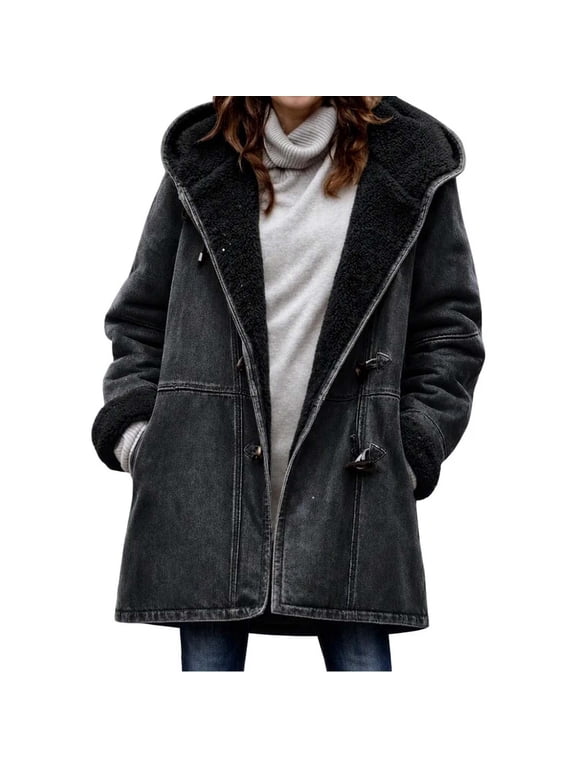 Women's Denim Jacket, Hooded Fleece Lined Long Sleeve Mid Length, Toggle Button Pockets Solid Color Warm, Casual Winter Everyday Women's Fleece Denim Hooded Jacket