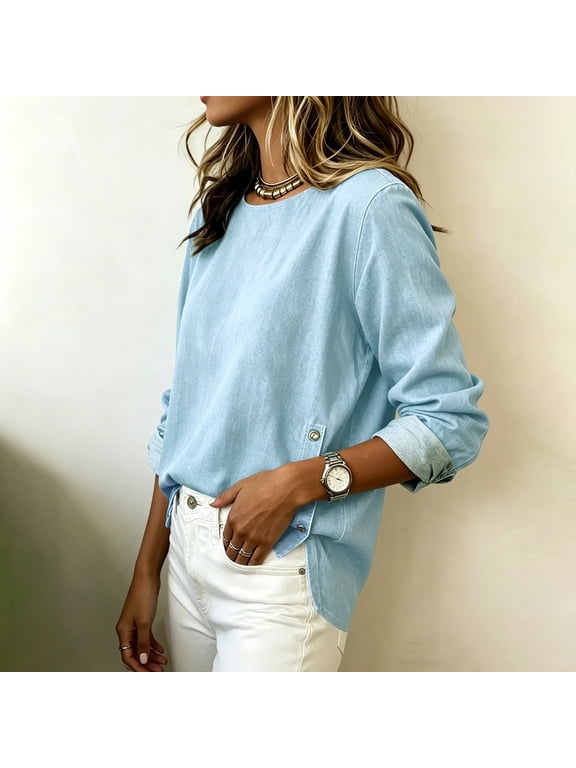 Women's Denim Top, Round Neck Long Sleeve Blouse, Button Side Split Loose Fit Shirt, Everyday Casual Versatile Layer