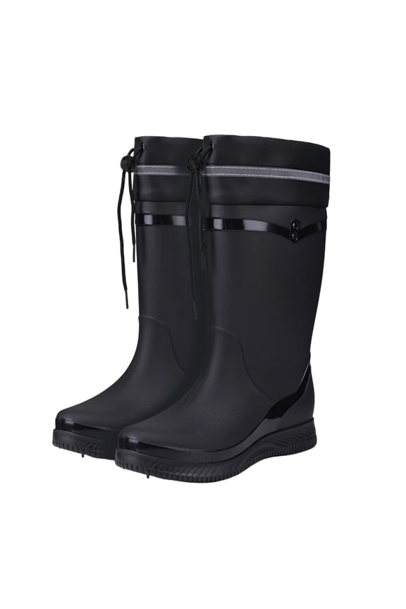 Women's Drawstring Long Tube Rain Boots Fleece Lined Waterproof Non-Slip PVC Wellies with Reflective Strip Cold Weather Casual Water Shoes for Indoor Outdoor Use