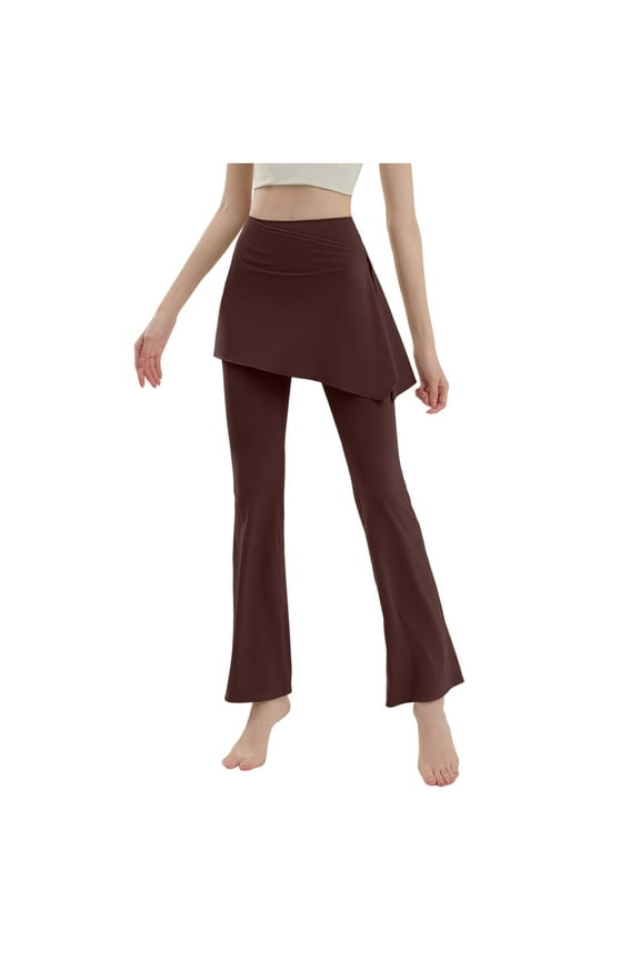 Women's Elegant Flare Pants High-Waisted Wrap Waistband Skirt Overlay Trousers Stretchy Breathable Fabric Full - Length for Office Wear(Brown,S)