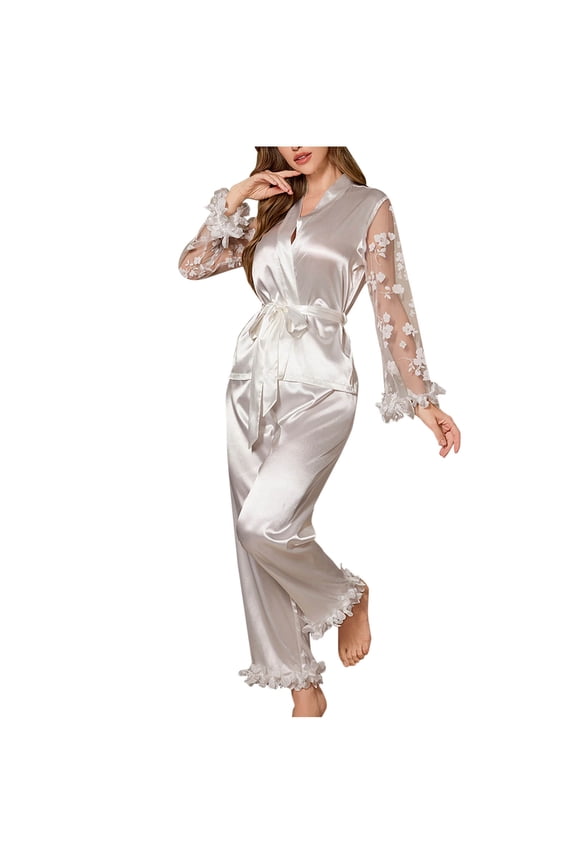 Women's Elegant Solid Color Embroidery Mesh Long Sleeves Lace Silk like Pajamas Set Embroidery Suitable for Home Wearing Suit(White,S)