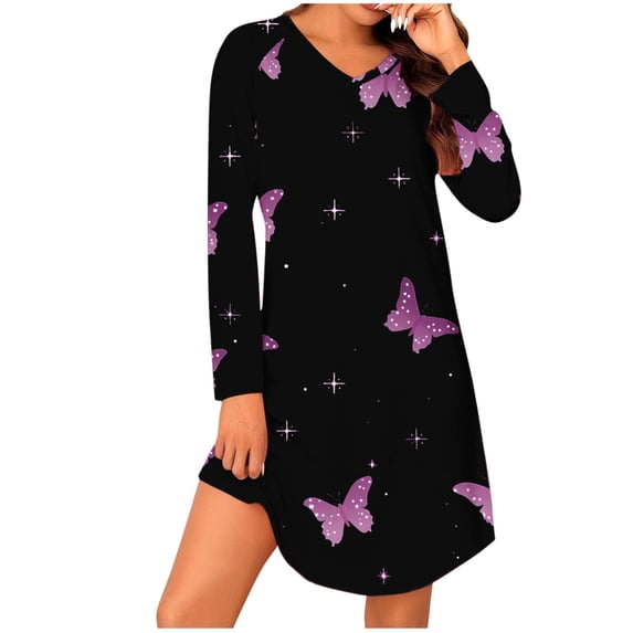 SuTry Women's Fall Loungewear Elegant Print V-Neck Long Sleeved Comfy Slim Fitting Mid Length Nightgown for Suitable for Lounging(Black#2,S)