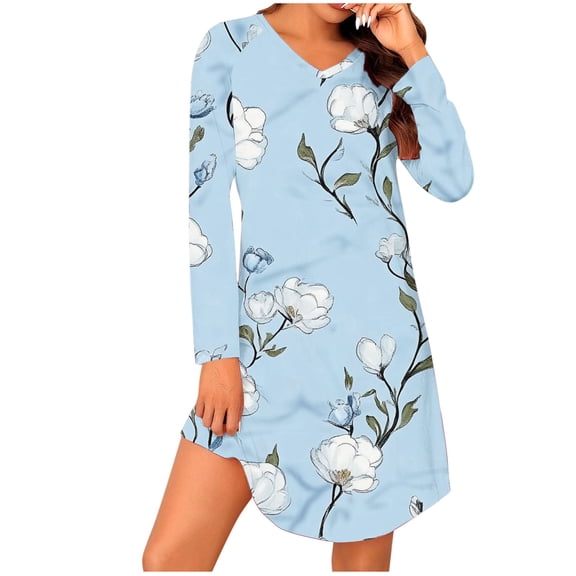 SuTry Women's Fall Loungewear Elegant Print V-Neck Long Sleeved Comfy Slim Fitting Mid Length Nightgown for Suitable for Lounging(Light Blue#4,XL)