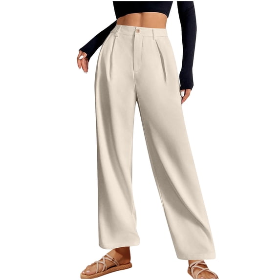 SuTry Women's Fall Trousers High Waisted Wide Leg Pants with Decorative Buttons Solid Color Soft Stretchy Fabric Versatile for Casual Formal(Beige#3,XL)